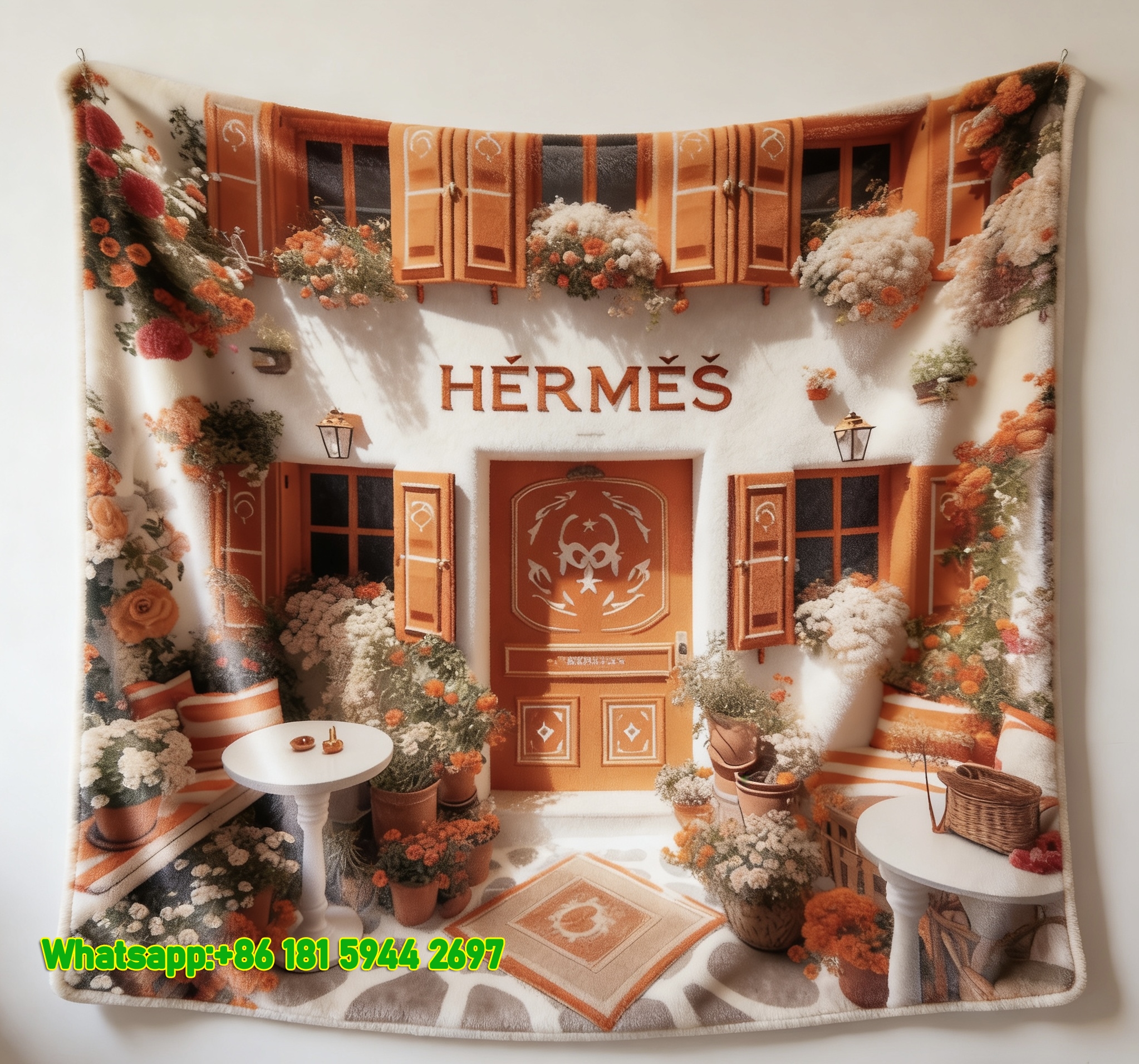 Luxury Hermès Santorini Flower Courtyard Print Flannel Throw Blanket IMG_5187